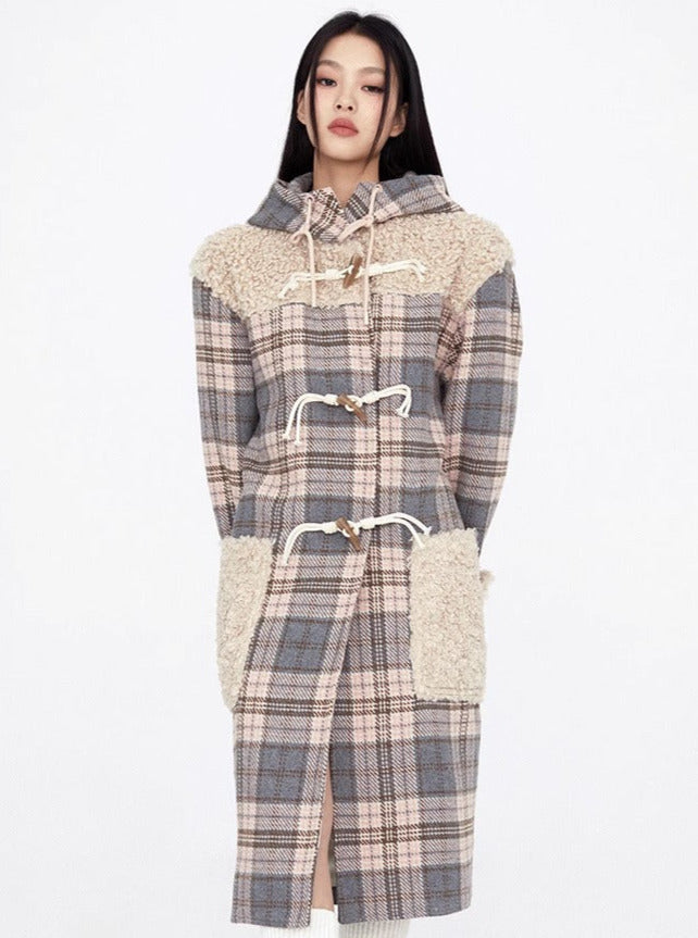 Pink & Gray Check Stitching Horn Buckle Loose Silhouette Long Coat