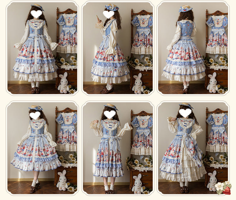 Rabbit Berry Embroidery Print Dress + Bonnet + Hat