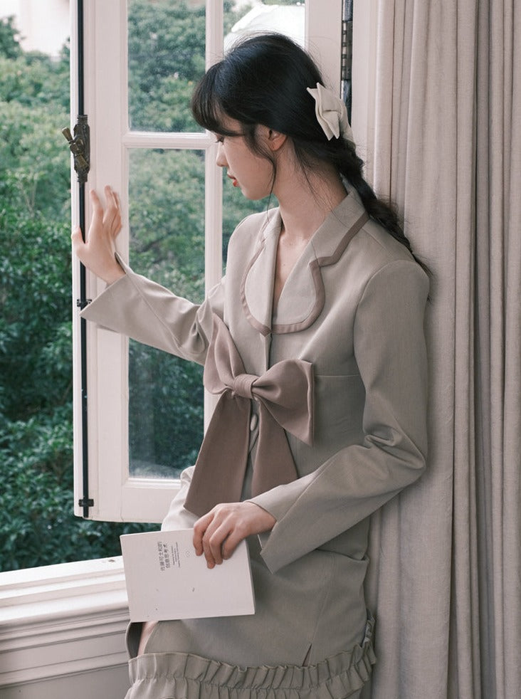 Maroon milk tea suite jacket + ruffle skirt