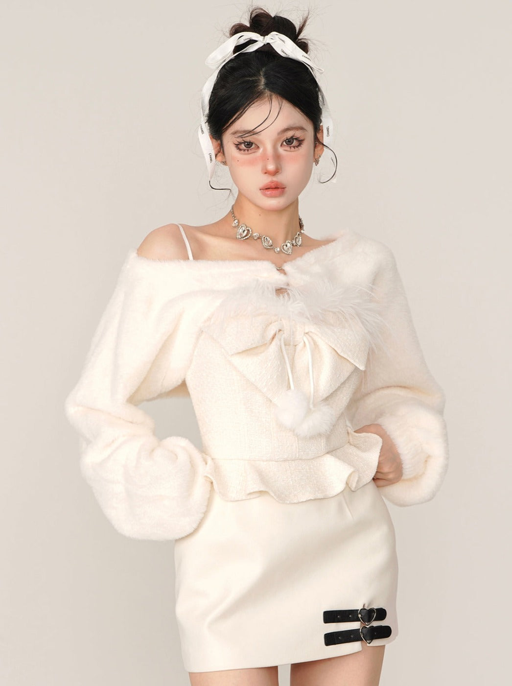White Lamb Fur Pom-Pom Suspender Dress + Ribbon Top [Reserved Item