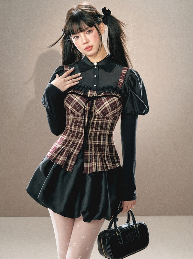 Puff sleeve little black shirt + check suspenders + flared skirt