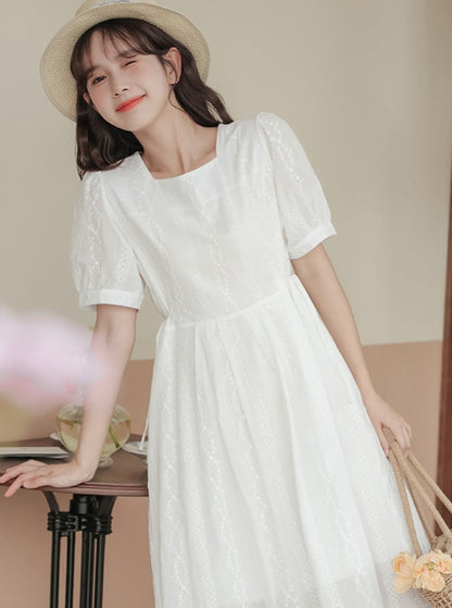 Square color puff sleeve waist dress