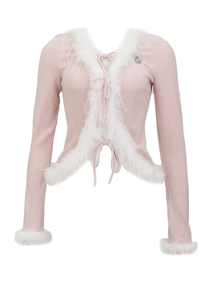 Fur Slim Cardigan + Ribbon Camisole + Velour Skirt