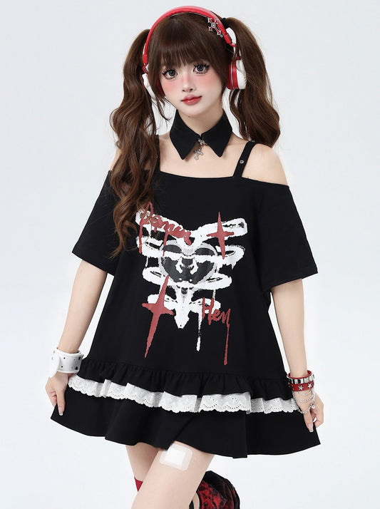 Limited time 95% off】Bone love mark Original Japanese subculture off-the-shoulder lace mid-length T-shirt with fake collar