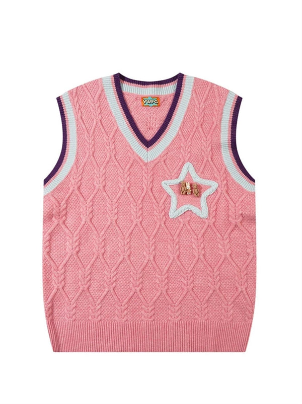 American Retro College Style Star Vest Knit