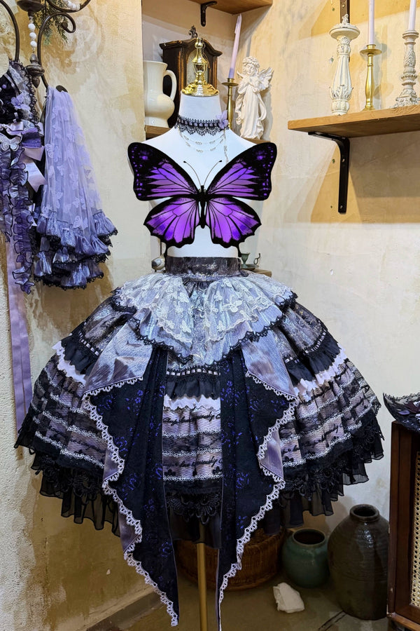 [Pre-order Deadline: August 29] Purple x Black Dark Gothic Lace Ruffle Layered Skirt (with Front Ruffle Train)