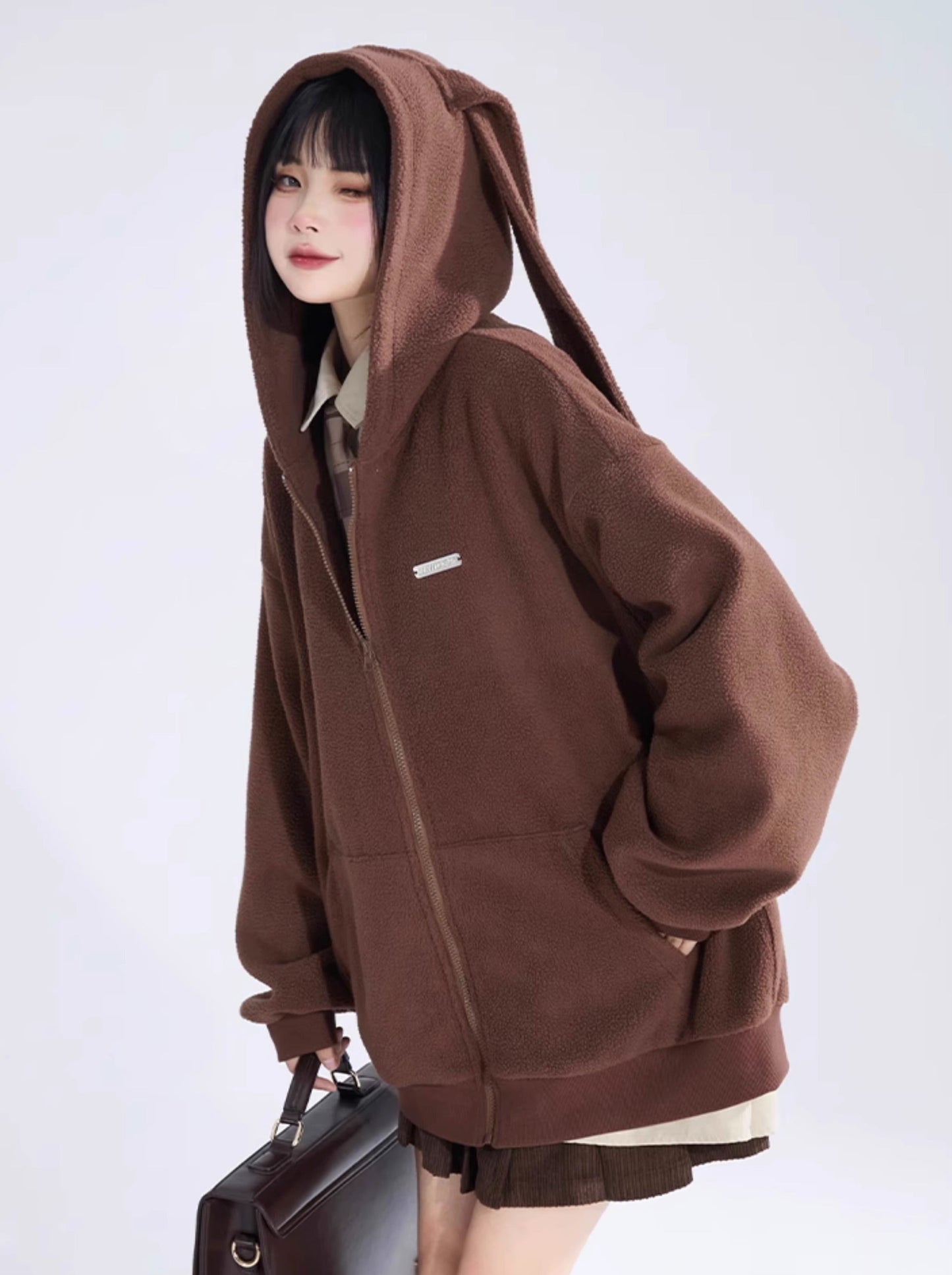 Solid Color Cute Bunny Ears Hooded Sweatshirt Jacket