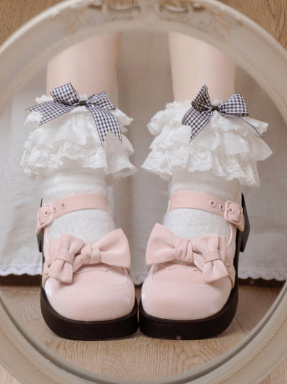 Lolita Sweet Round Toe Mid Heel Ribbon Mary Jane Shoes