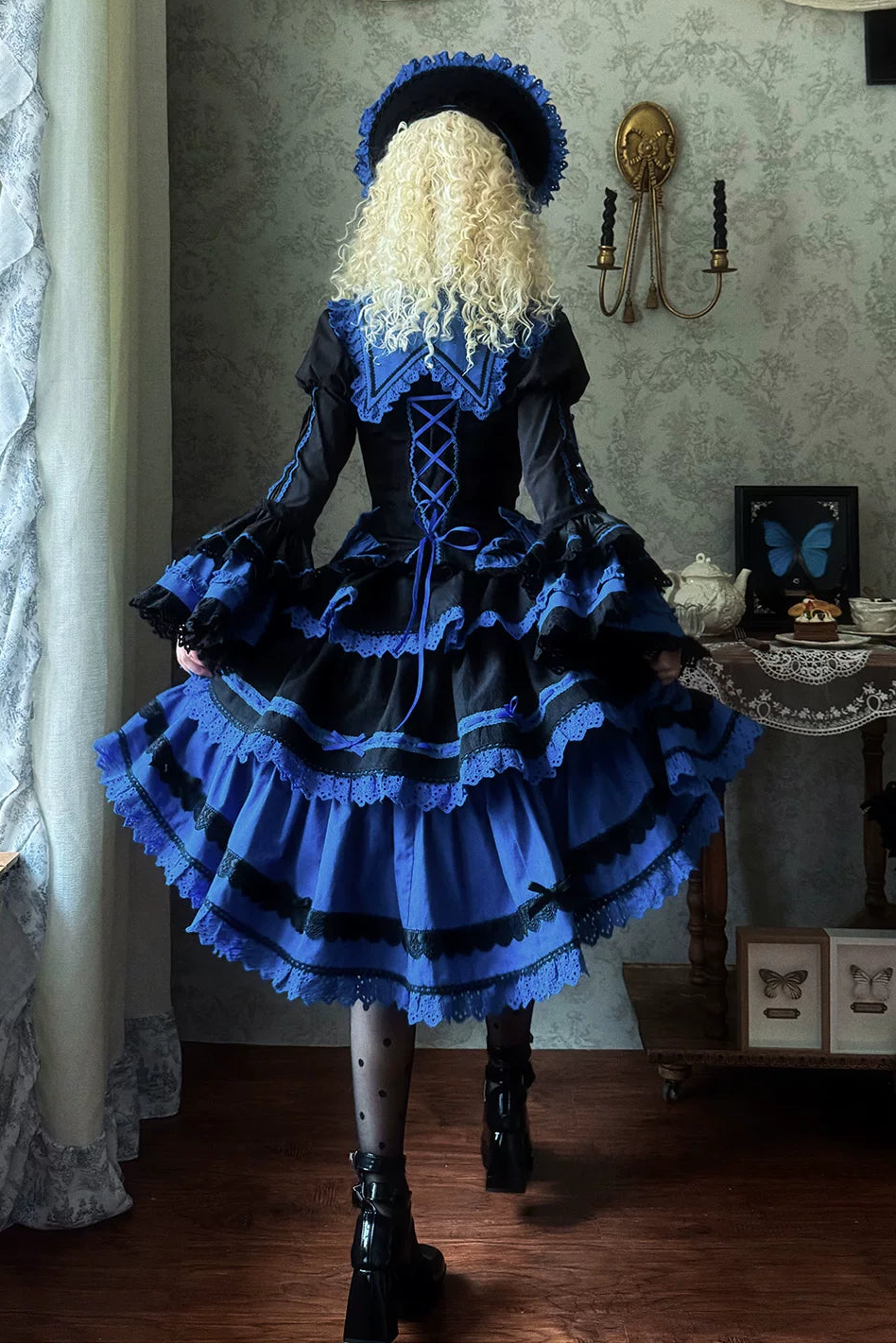 [Vorbestellfrist: 13. Juli] Kleinblaue Gothic-Lolita-Rüschen-Stufenkleid-Komplettset