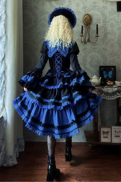 [Vorbestellfrist: 13. Juli] Kleinblaue Gothic-Lolita-Rüschen-Stufenkleid-Komplettset