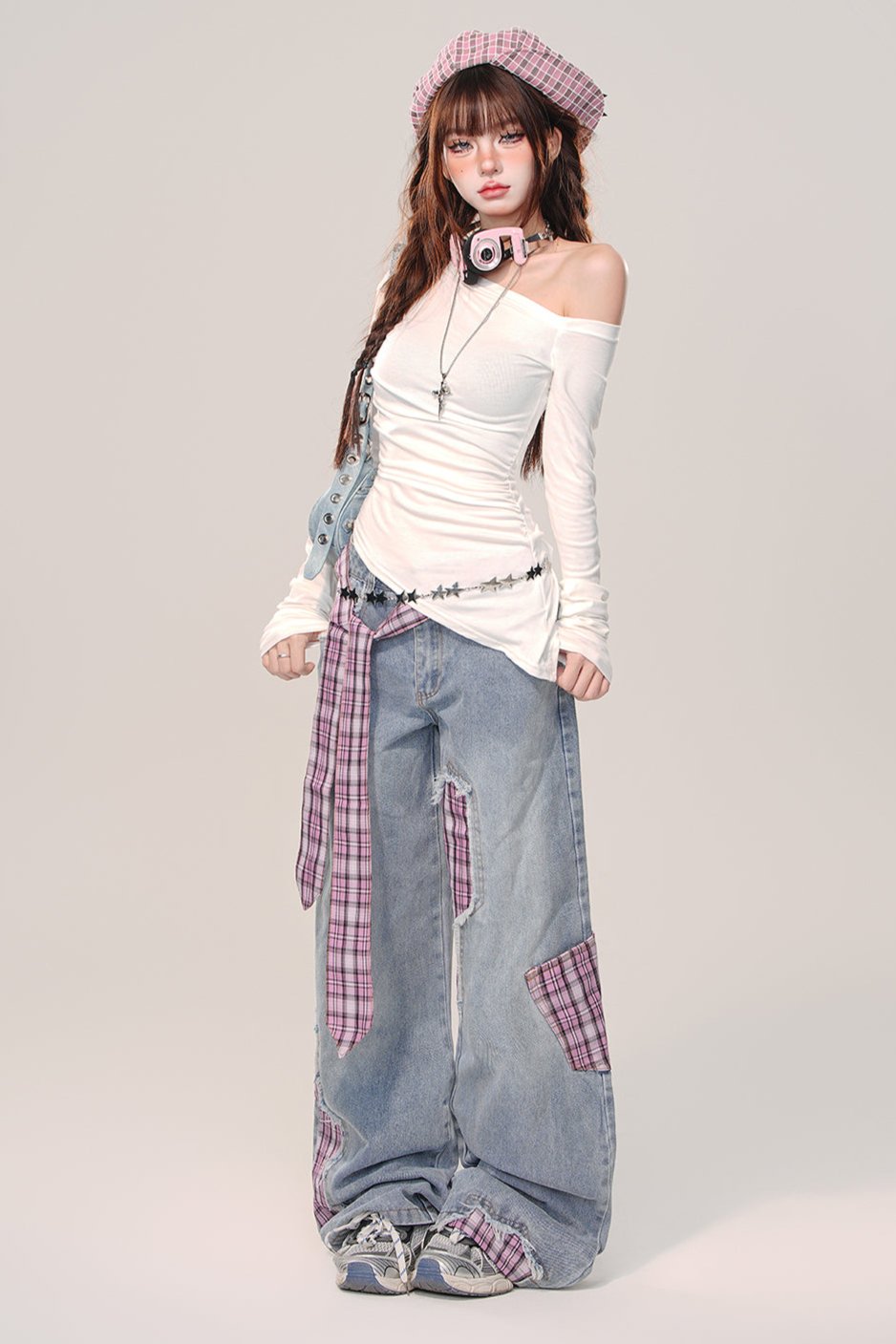 Check panel straight wide leg pants