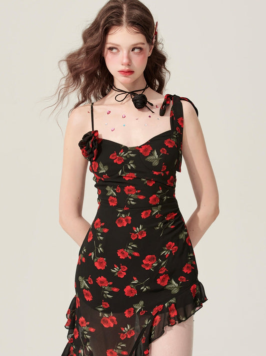 [May 31st 20 o'clock sale] less also eyes black amber black floral irregular ruffle dress summer
