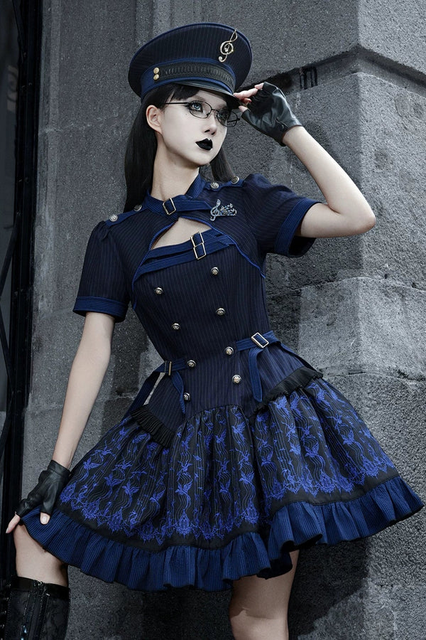 [Pre-order Deadline: September 28] Dark Blue/Black White Musical Note Embroidery Gothic Military Lolita Buckle Dress