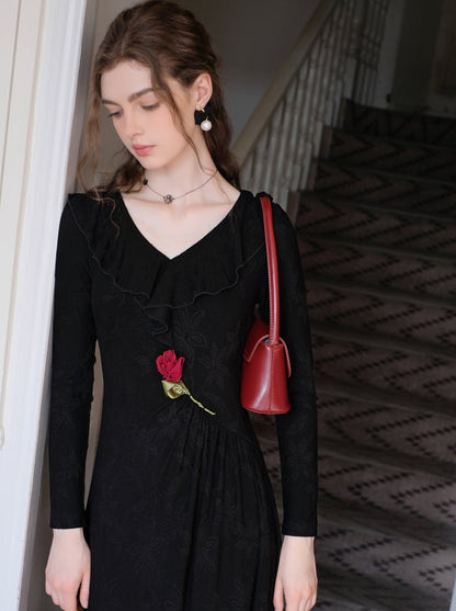 Dark Night Rose Chic Retro Long Dress