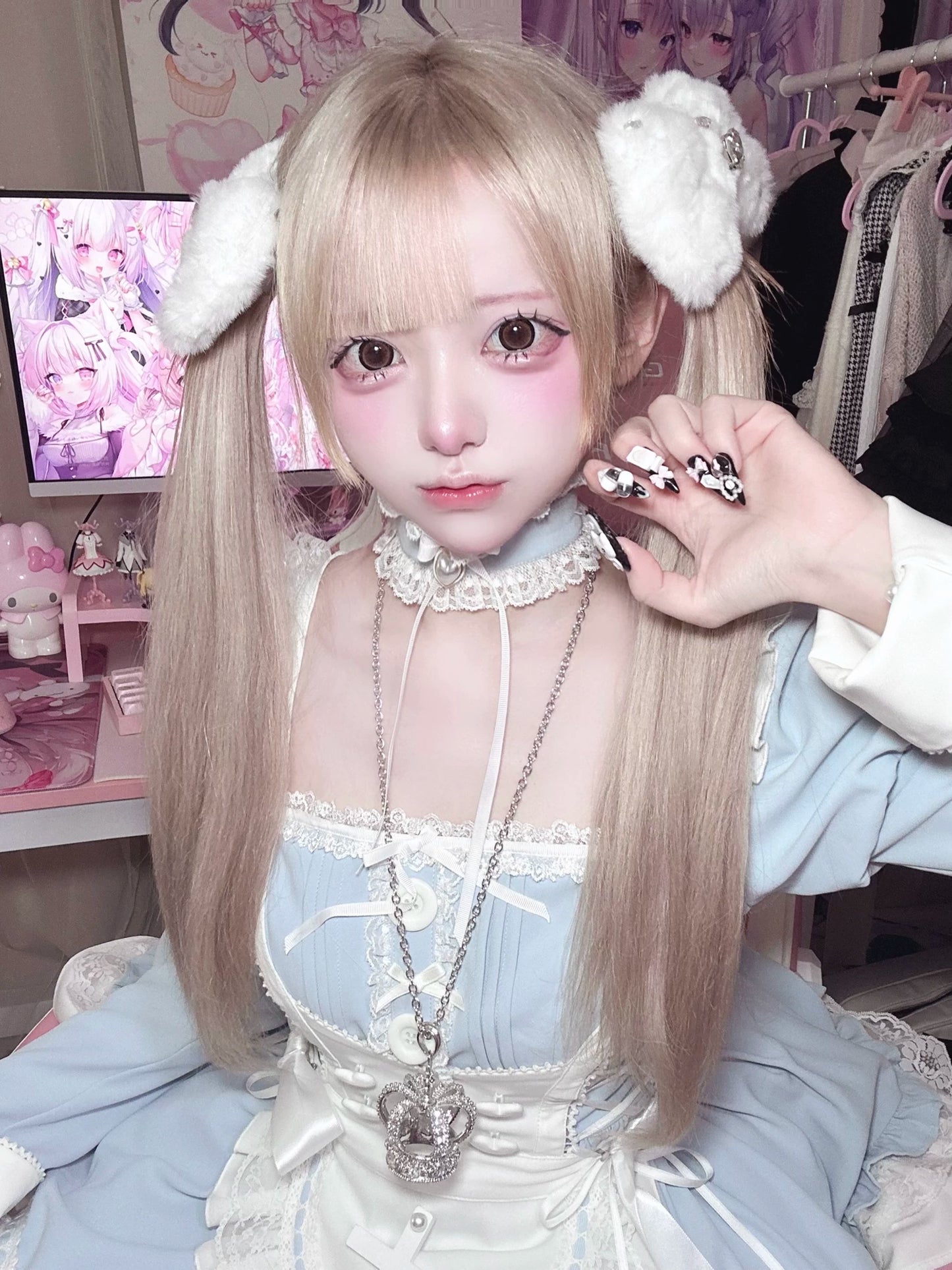 【4月15日预售截止】水蓝色医疗蕾丝交叉围裙连衣裙+项圈