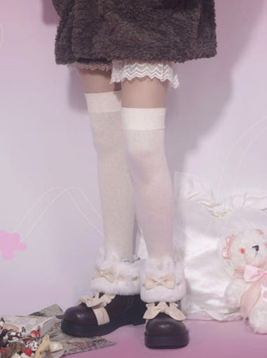 Snow Lolita Mid Heel Color Block Ribbon Sweet Velvet Short Boots