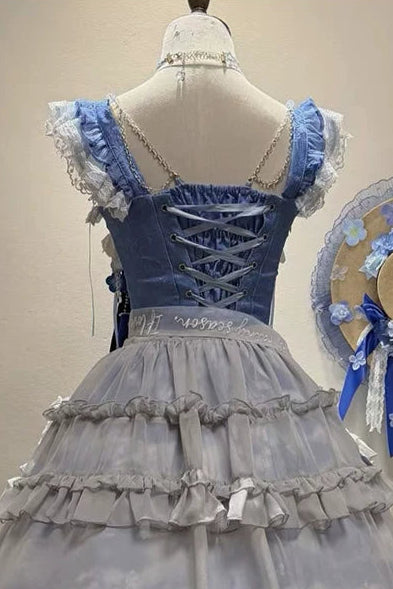 【9月29日予約締切】Blue Floral Print And Embroidered Elegant Lolita Lace JSK Dress Full Set (Overskirt, Brooch And Ribbon, Embroidered Belt, Decorative Shoulder Straps, Embroidered Accessories)