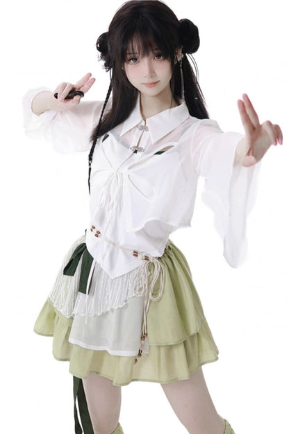 シフォンチャイナシャツ＋キャミソール＋ショートスカート＋ロングスカート＋レッグウォーマー