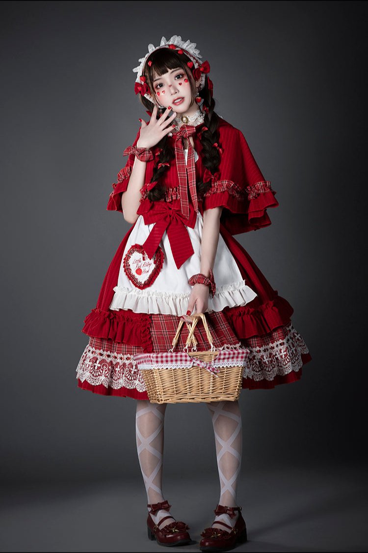 [Reservation product]Sweet Red Check Ribbon Dress [Little Red Riding Hood Outfit]