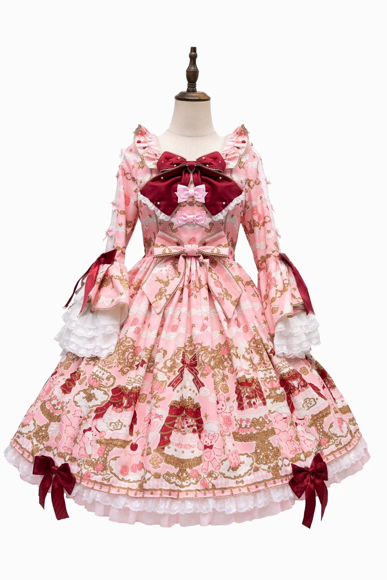 【4月26日予約締切】レトロロマンスイートロリータリボンケーキプリントゴージャス姫袖ドレス