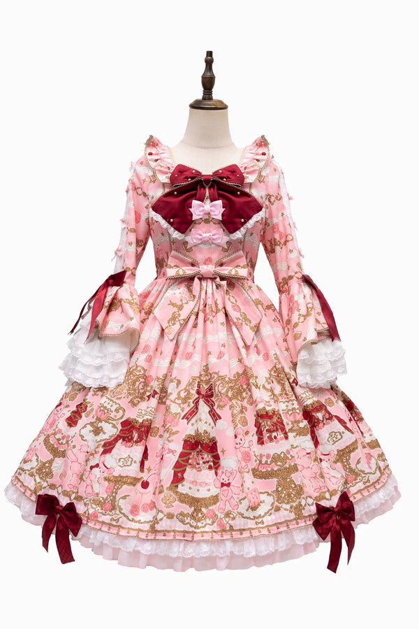 【4月26日予約締切】レトロロマンスイートロリータリボンケーキプリントゴージャス姫袖ドレス