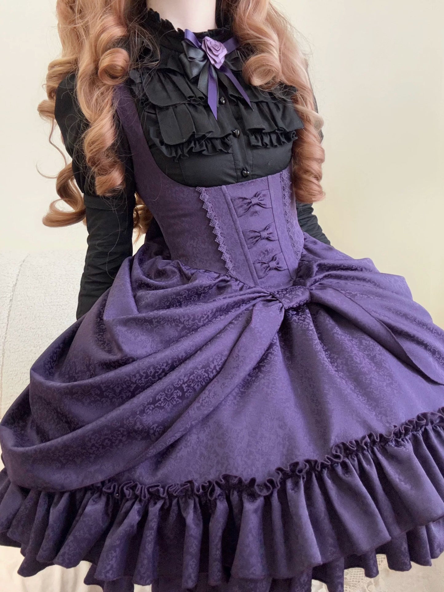 【4月18日予約締切】ダークゴシックロリータスタンドカラーパフスリーブラッフルシャツ（ロングスリーブ付き）