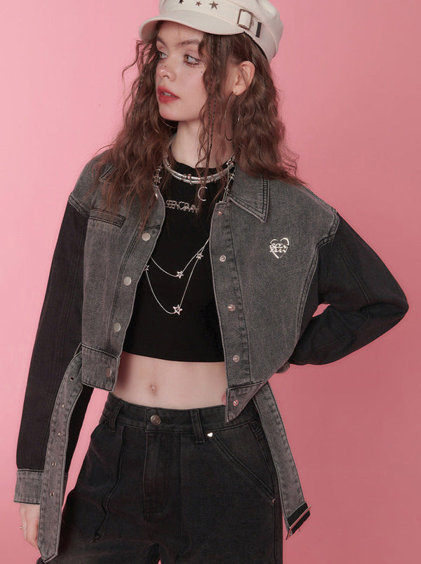 Color Block Design Belt Short Denim Jacket