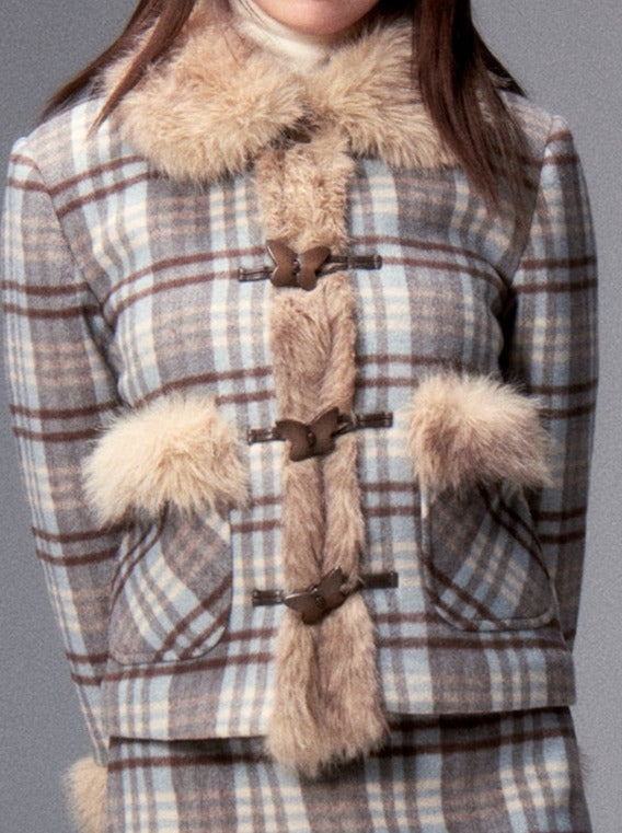 Butterfly Check Fur Short Coat + Fur Check Mini Skirt