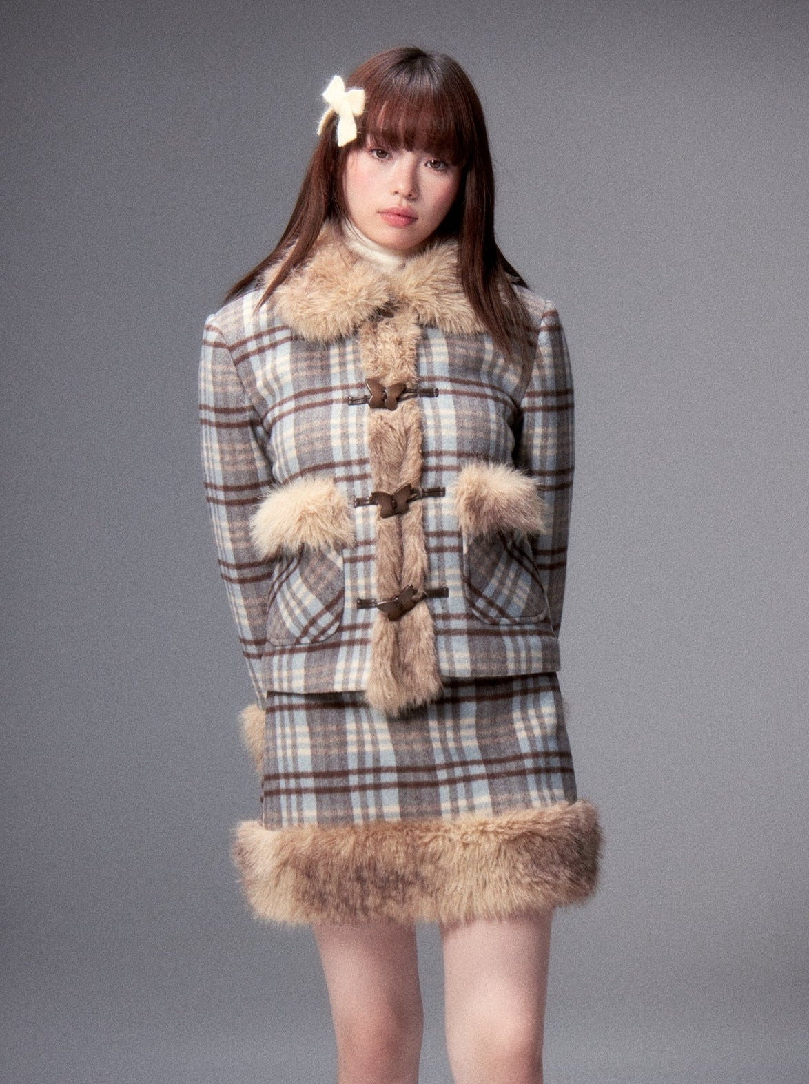 Butterfly Check Fur Short Coat + Fur Check Mini Skirt