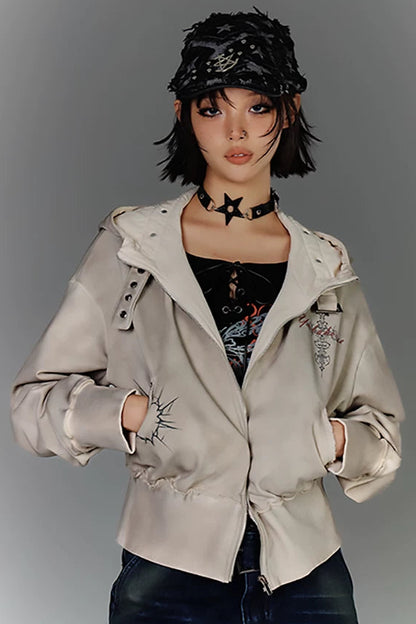 モードジッパーバイカーフードジャケット