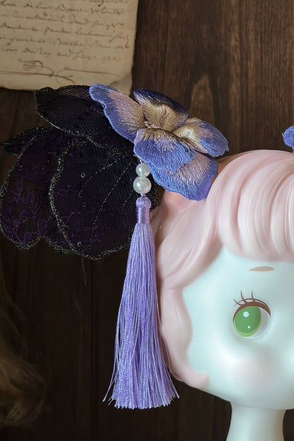 【9月13日予約締切】Purple/Dark Purple Gothic Lolita Elegant Iris Series Accessories(Bonnet / Hair clip with tassel / Hair clip / Brooch)