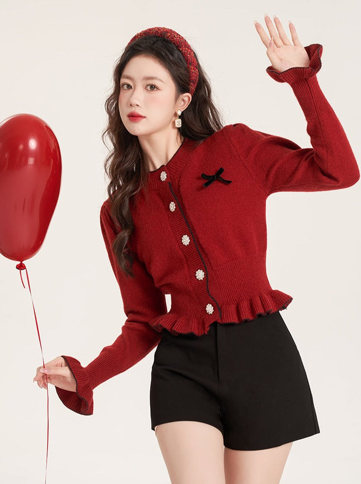 Short Ruffle Red White Knit Cardigan