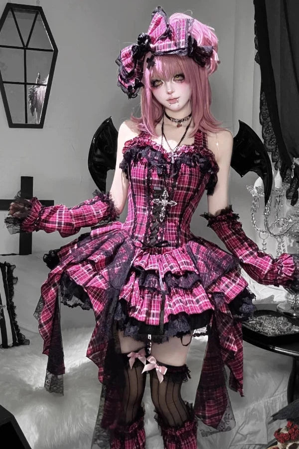 【11月2日予約締切】Pink Plaid × Black Gothic Punk Halter Neck Lace Corset Dress
