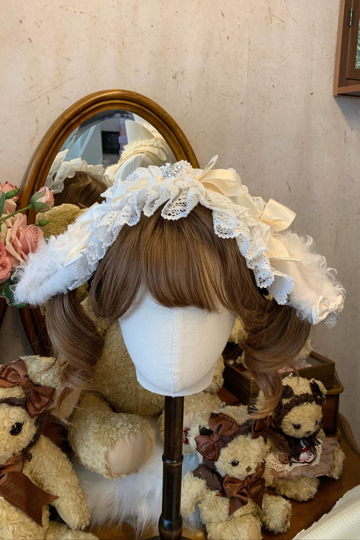 【11月7日予約締切】Yellow/Pink Sweet Lolita Ribbon Lace Headband With Lamb Ear Accent + Fluffy Lamb Brooch
