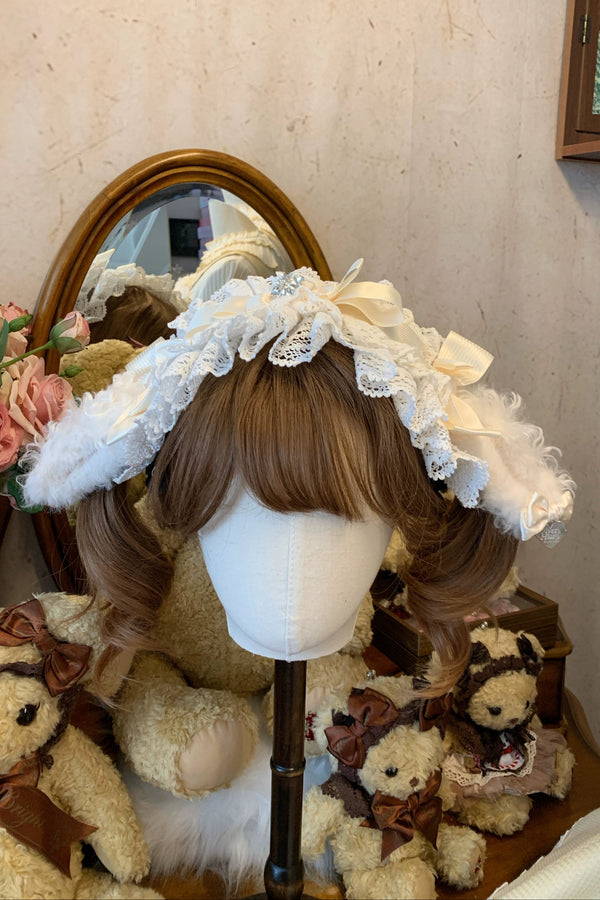 【11月7日予約締切】Yellow/Pink Sweet Lolita Ribbon Lace Headband With Lamb Ear Accent + Fluffy Lamb Brooch