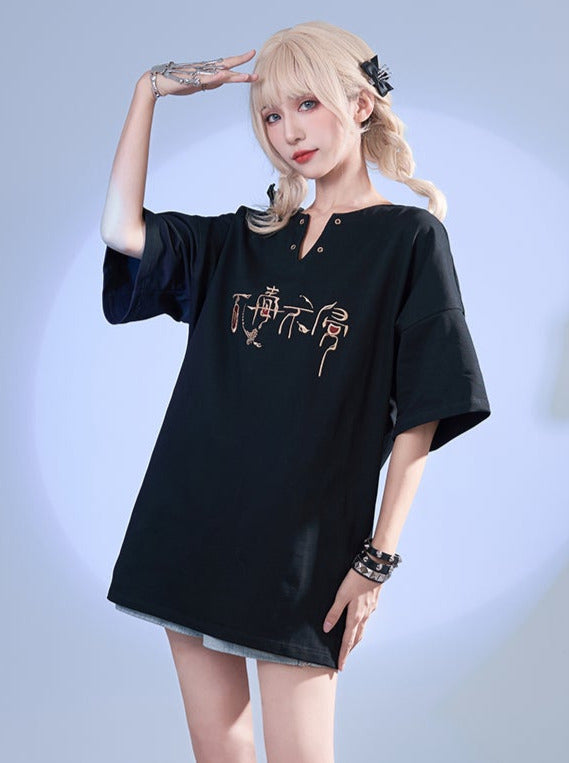 アイレットキーネックルーズジェンダーレスTシャツ