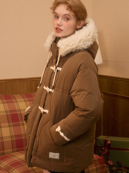 Retro Horn Button Big Fur Hooded Down Jacket