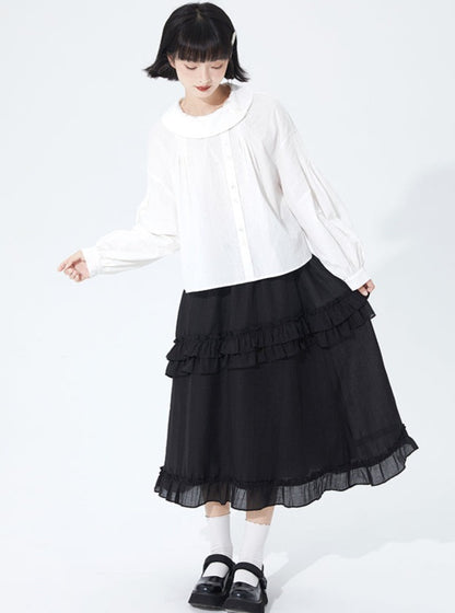 High-waist loose mid-length ruffle skirt