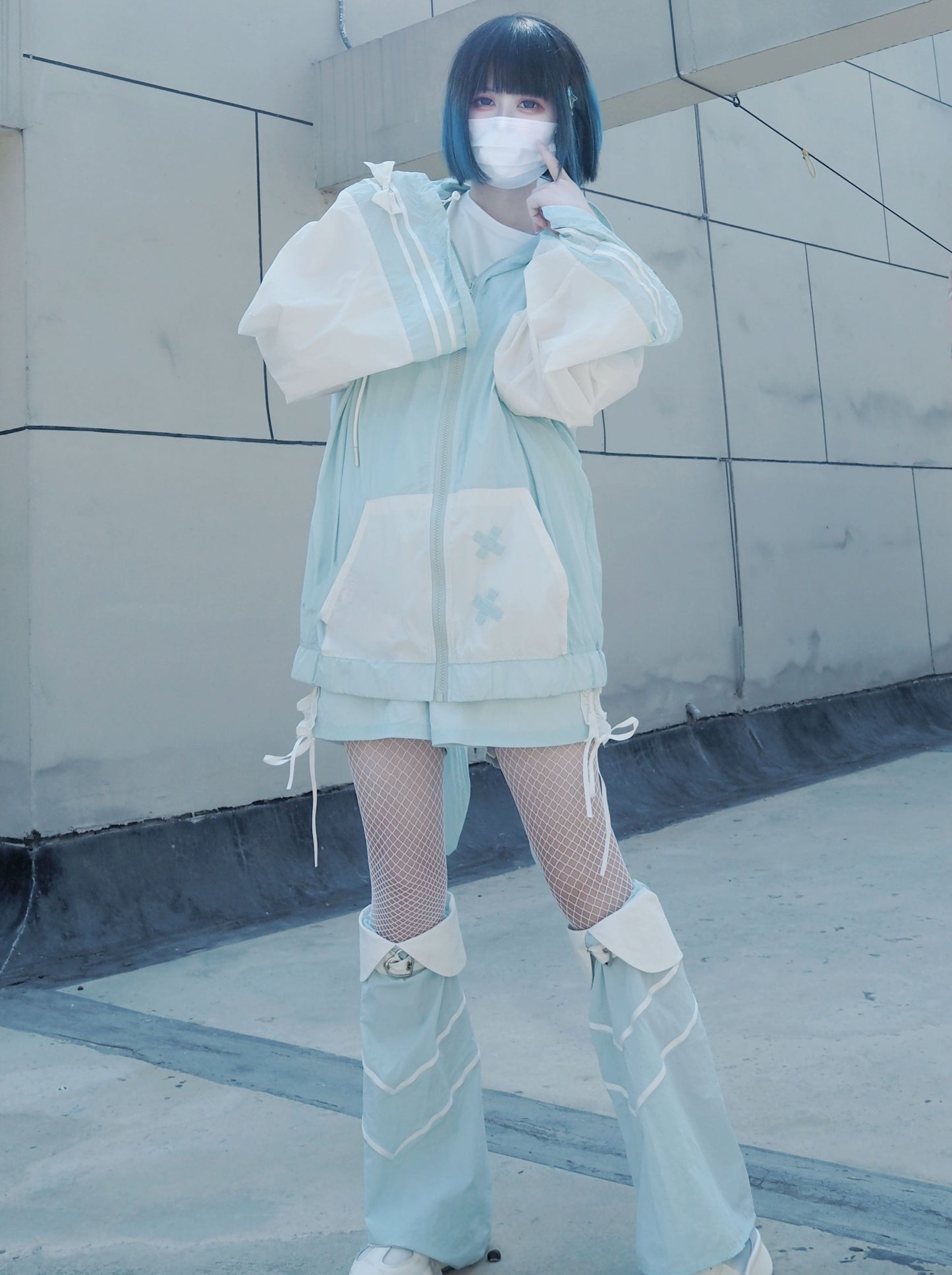 [Angel Neighborhood👼Aqua Angel Subculture Hooded Parka + Ribbon Shorts + Leg Warmers