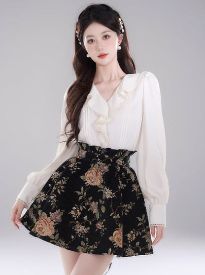 French Style Ruffle Collar Shirt + Retro Flared Skirt