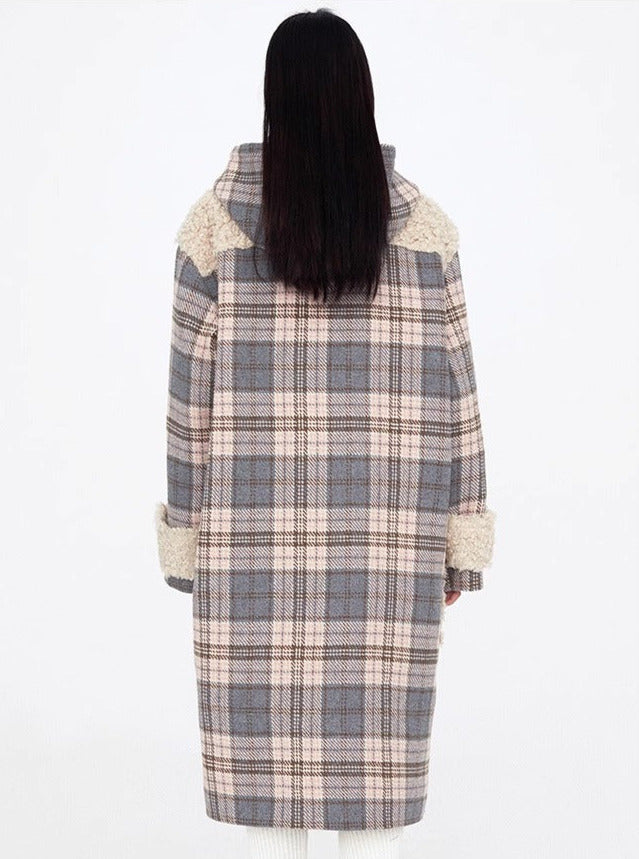 Pink & Gray Check Stitching Horn Buckle Loose Silhouette Long Coat