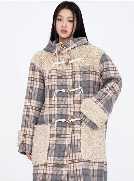 Pink & Gray Check Stitching Horn Buckle Loose Silhouette Long Coat