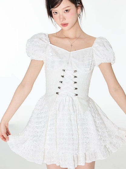 Blow Race Up West Puff Sleeve Tops + Flare Lace Skirt