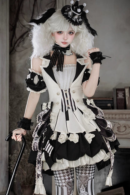 【8月9日予約締切】ブラック×ホワイトゴシックサーカスロリータファンタジーシリーズアクセサリー（チョーカー・ローズ付鍵盤ウエストエプロン・パフスリーブ）