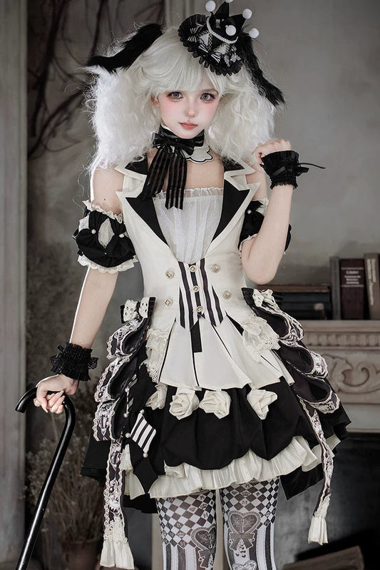 【8月9日予約締切】ブラック×ホワイトゴシックサーカスロリータファンタジーシリーズアクセサリー（チョーカー・ローズ付鍵盤ウエストエプロン・パフスリーブ）