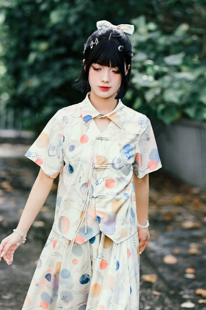 Chemise à revers imprimée rétro pop + jupe fraîche