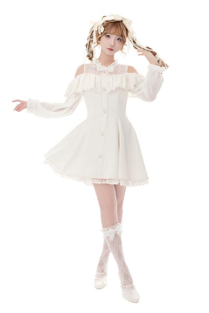 [Reservation product] Race frills off -shoulder dress