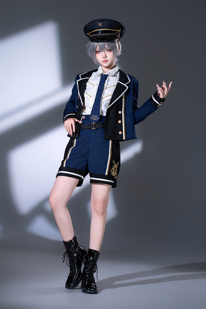 Rot-Schwarz/Blau-Schwarz Dark-Lolita-JKS-Kleid mit goldener Stickerei, Reverskragen, Krawatte und Gürtel mit Hüfttasche