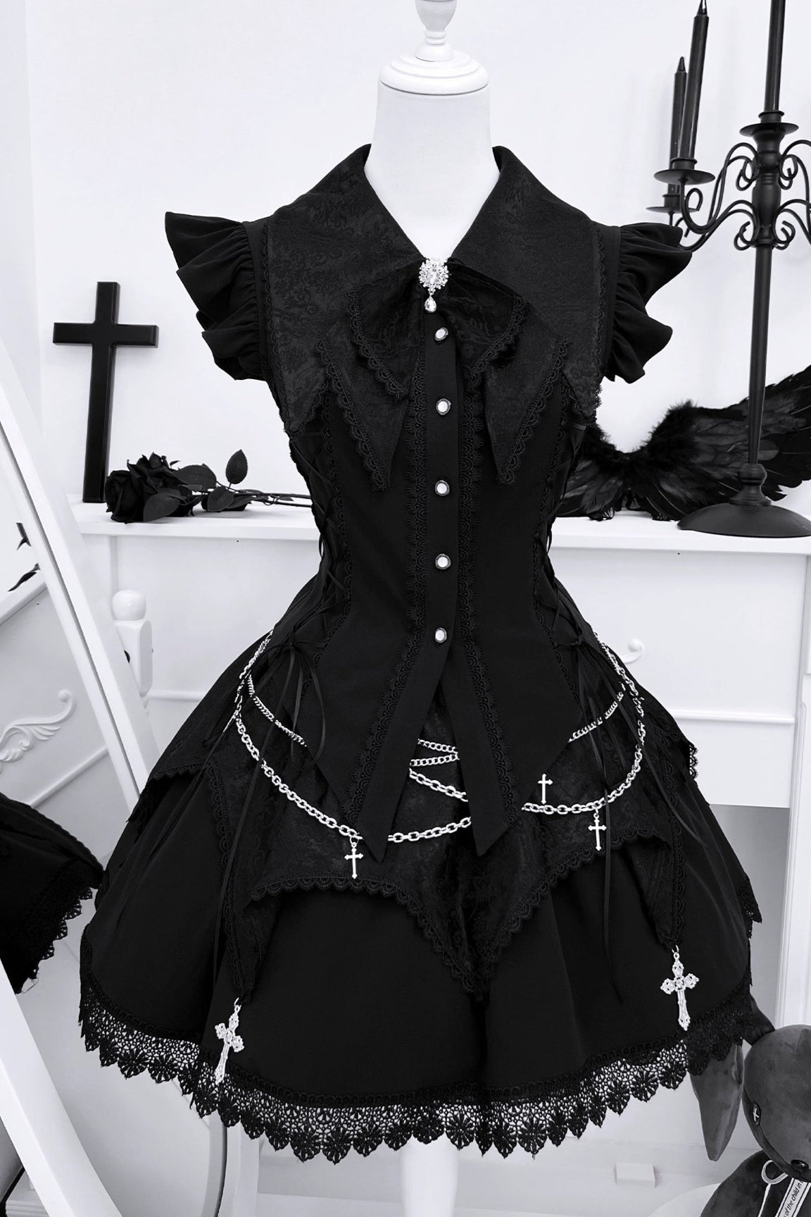 ダークゴシックサブカルチャーストラップセットアップ＋リボン＋チェーン