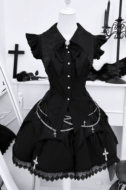 ダークゴシックサブカルチャーストラップセットアップ＋リボン＋チェーン